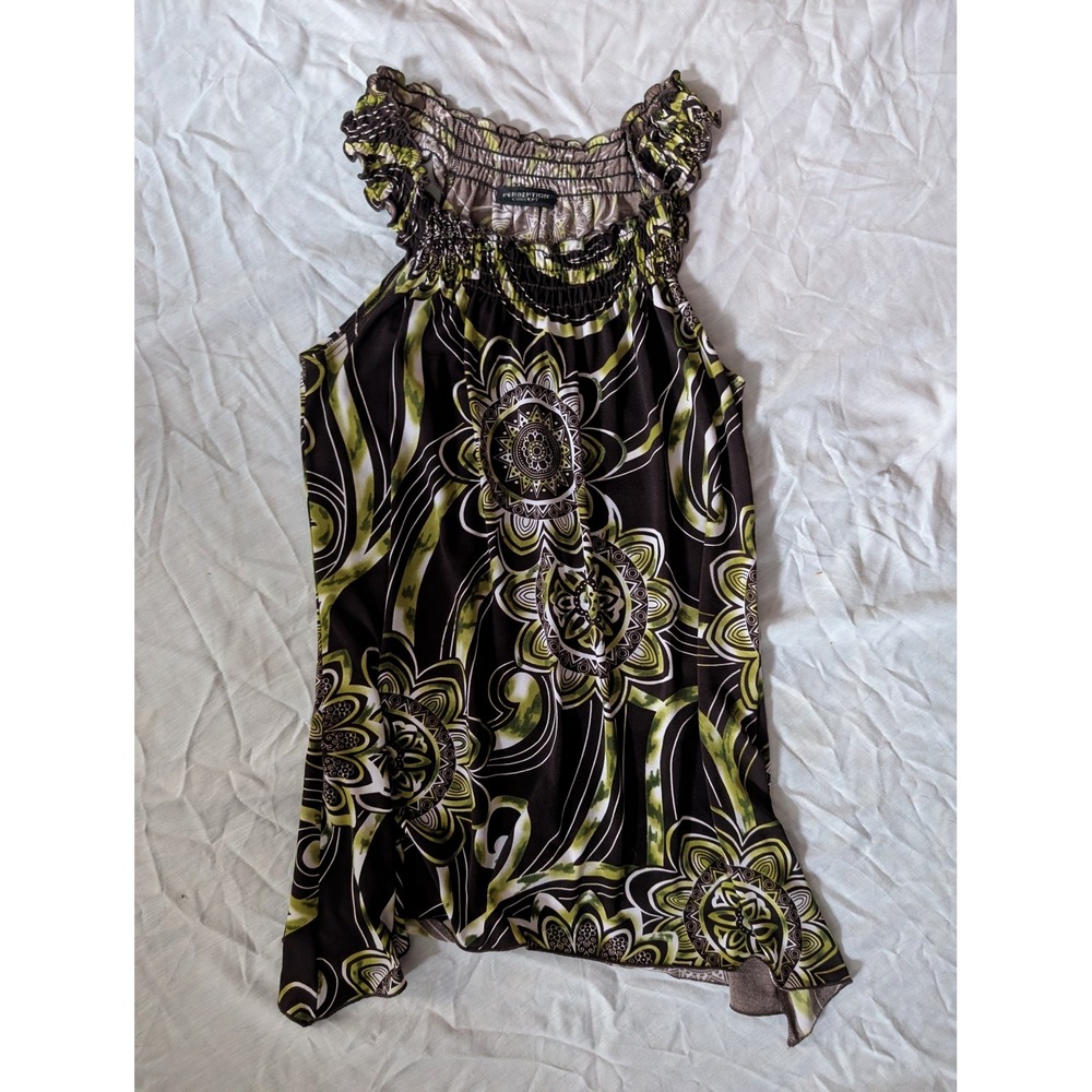 Perception Concept Women's‎ Brown Green Mandala Print Smocked Shirred y2k Top